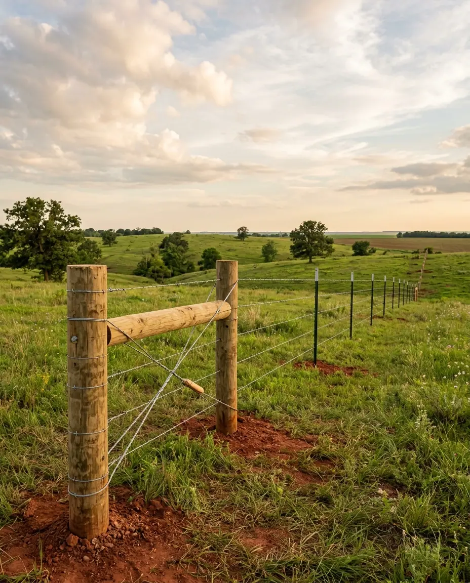 Wood H-brace corner with a twisted brace wire and multi-strand wire fence on steel T-posts across a rolling pasture