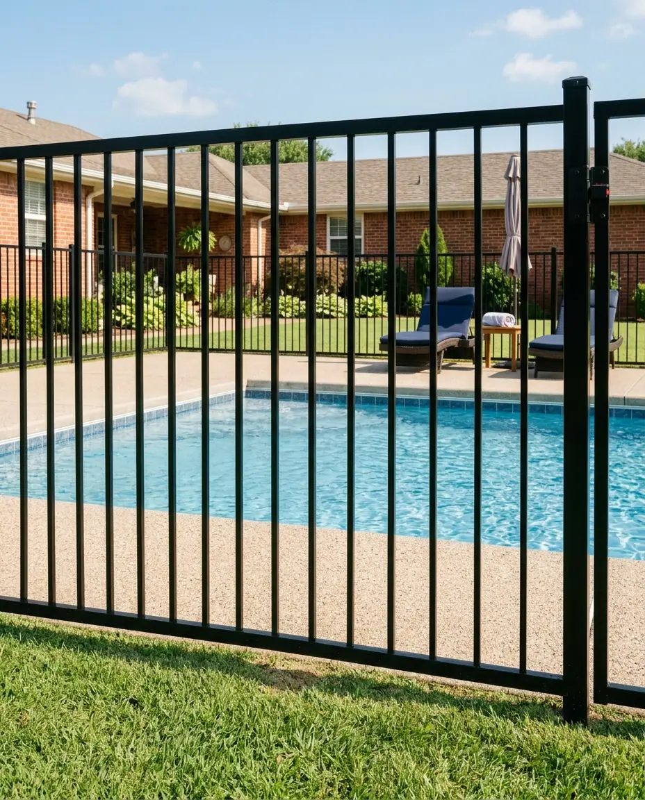 Black aluminum pool fence with closely spaced pickets and a self-latching gate around a backyard in-ground pool