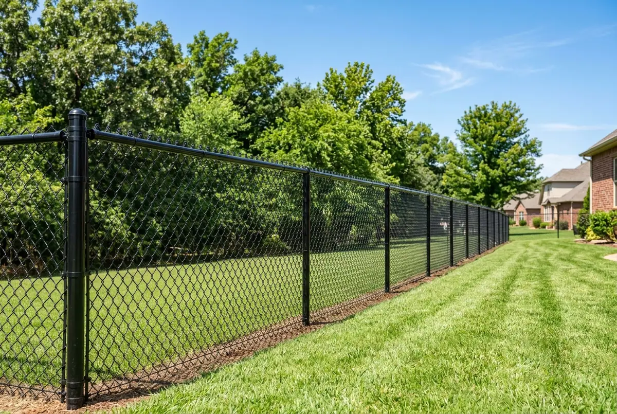 Black vinyl-coated chain link fence along the edge of a backyard lawn