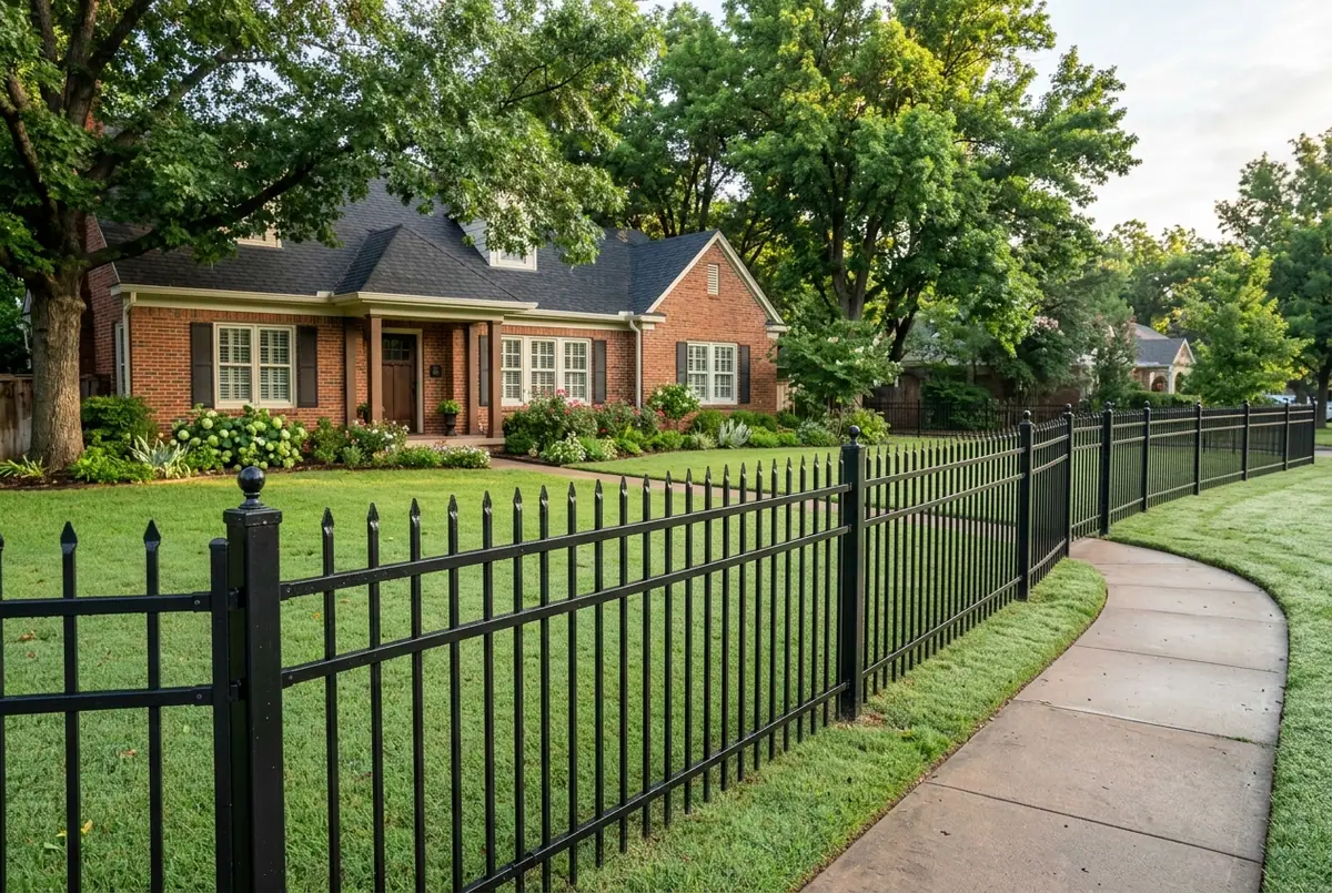 Black ornamental steel fence with spear-top pickets around the front yard of a brick home