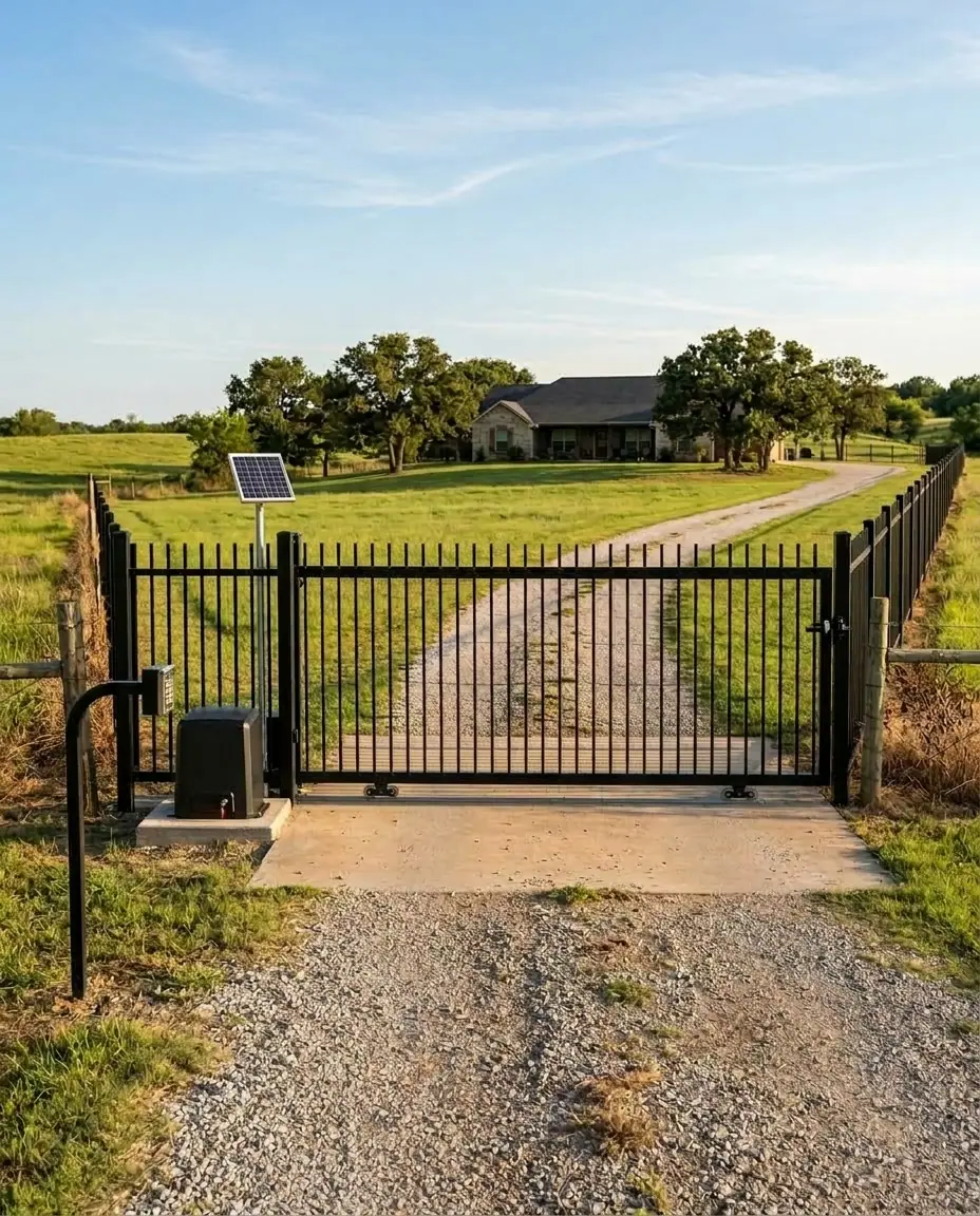 Black ornamental steel sliding driveway gate with a solar-powered gate operator and keypad at the entrance of a rural home