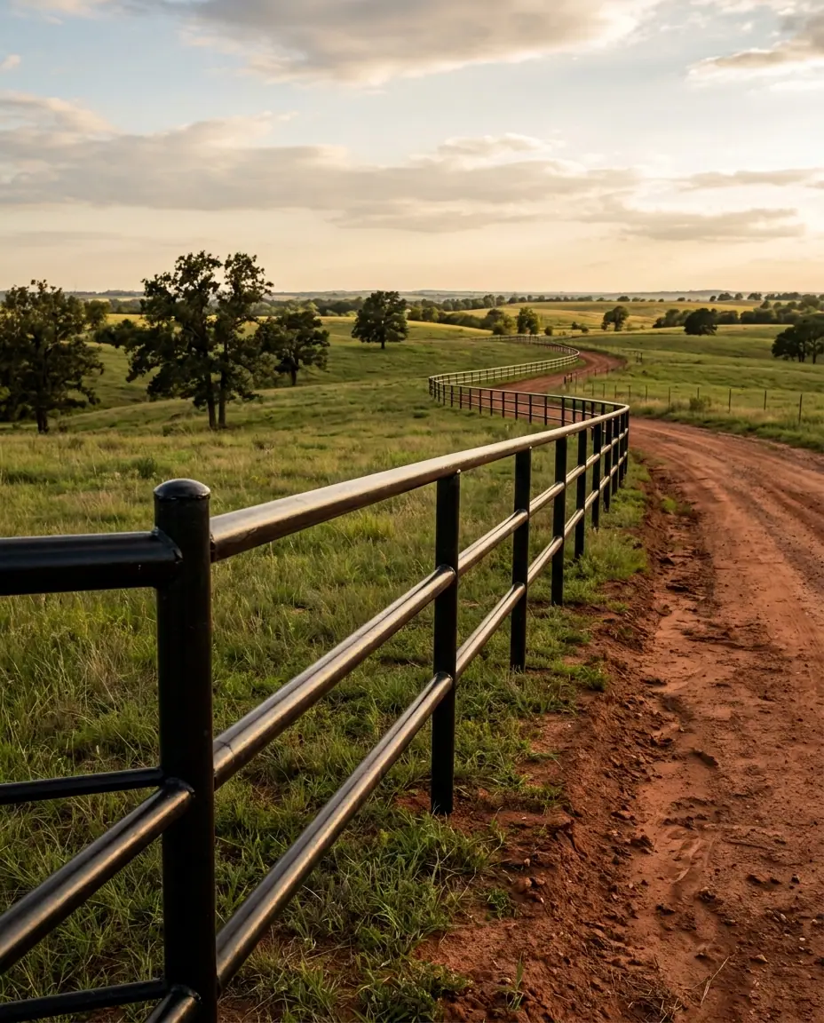 Black three-rail welded steel pipe fence following rolling pasture beside a red dirt road