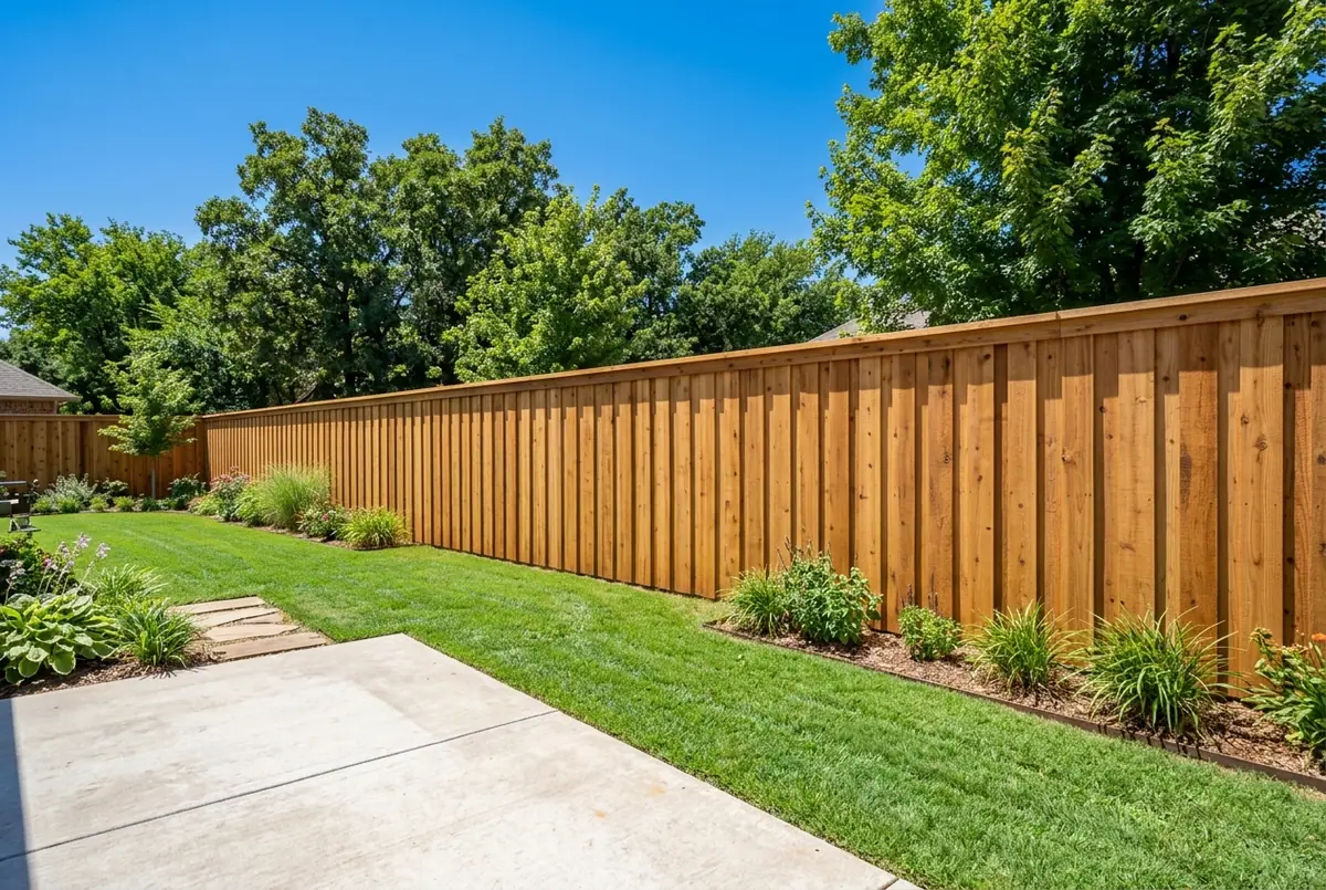 Cedar privacy fence with a top cap along a backyard lawn and concrete patio