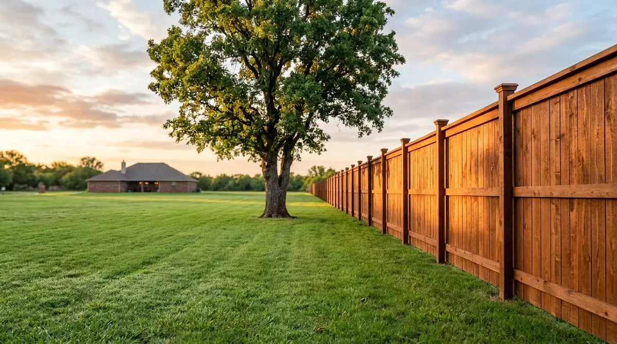 Cedar privacy fence with a top cap along a wide backyard lawn under an oak tree at sunset