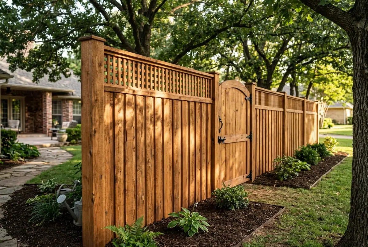 Stained cedar privacy fence with a lattice top and an arched wooden walk gate