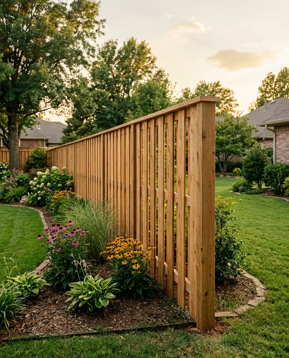 Cedar shadowbox fence with boards alternating on both sides of the rails and a top cap, beside a backyard flower bed