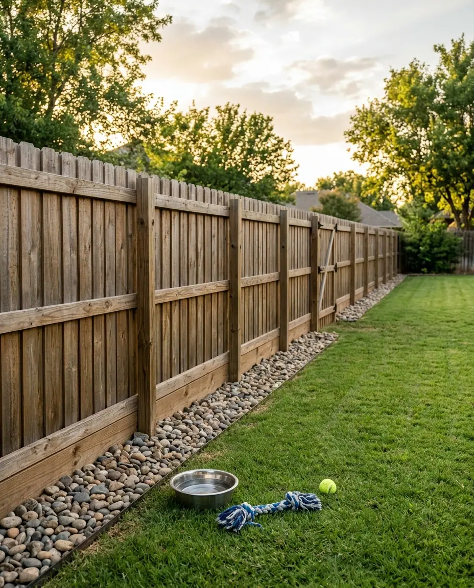 Wood privacy fence with a kickboard and a river rock strip along its base, with a dog water bowl, rope toy and tennis ball on the lawn