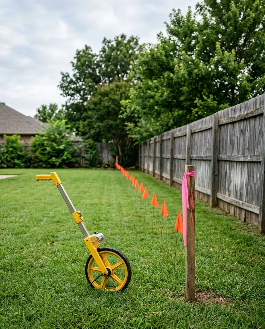 Backyard fence line marked with orange post flags and a corner stake, with a measuring wheel on the lawn