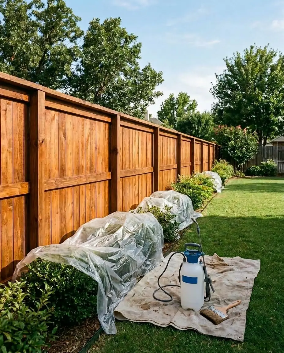 Wood privacy fence freshly finished with a semi-transparent cedar-tone stain, with shrubs covered in plastic and a sprayer and brush on a drop cloth