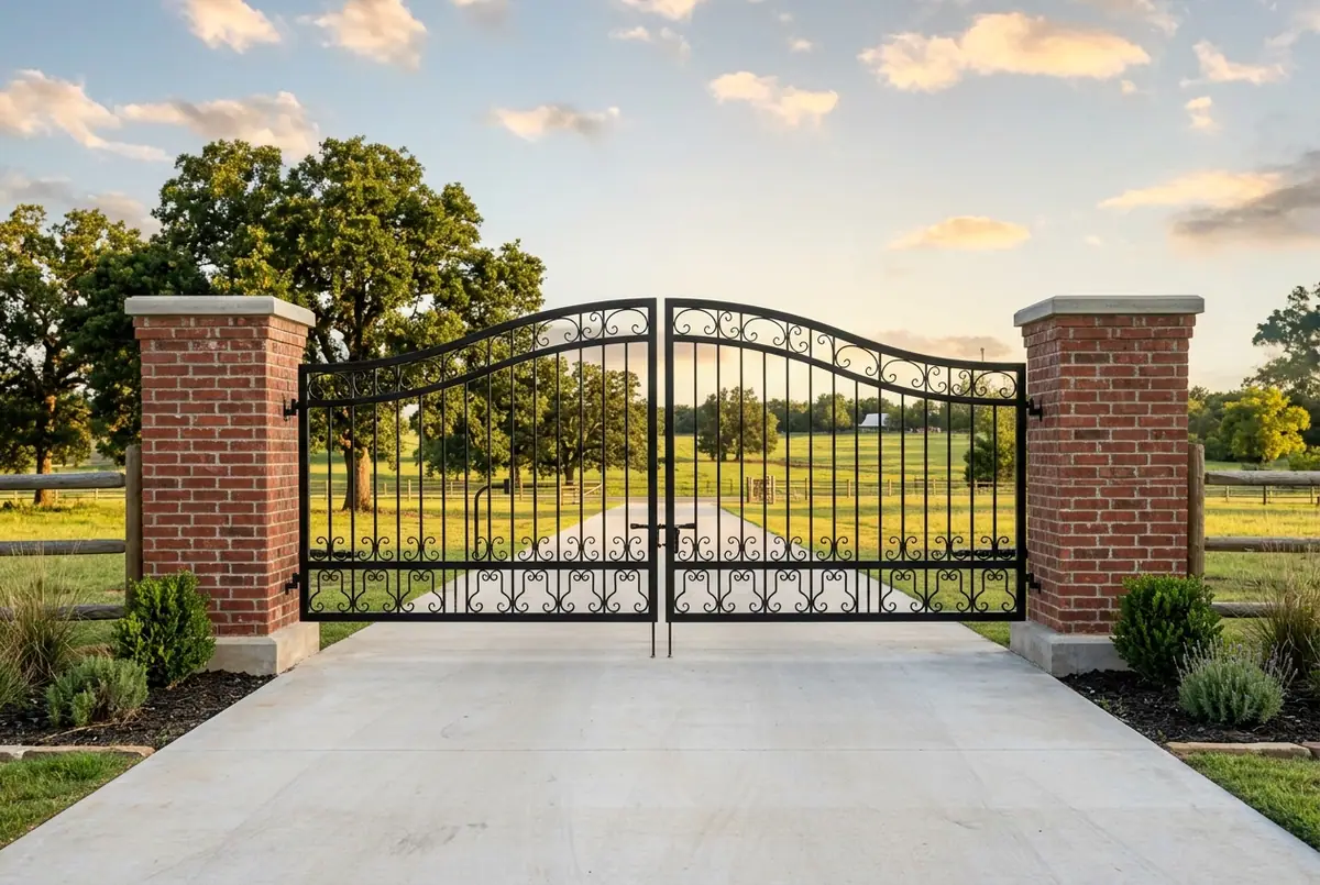 Black iron double driveway gate hung between brick columns