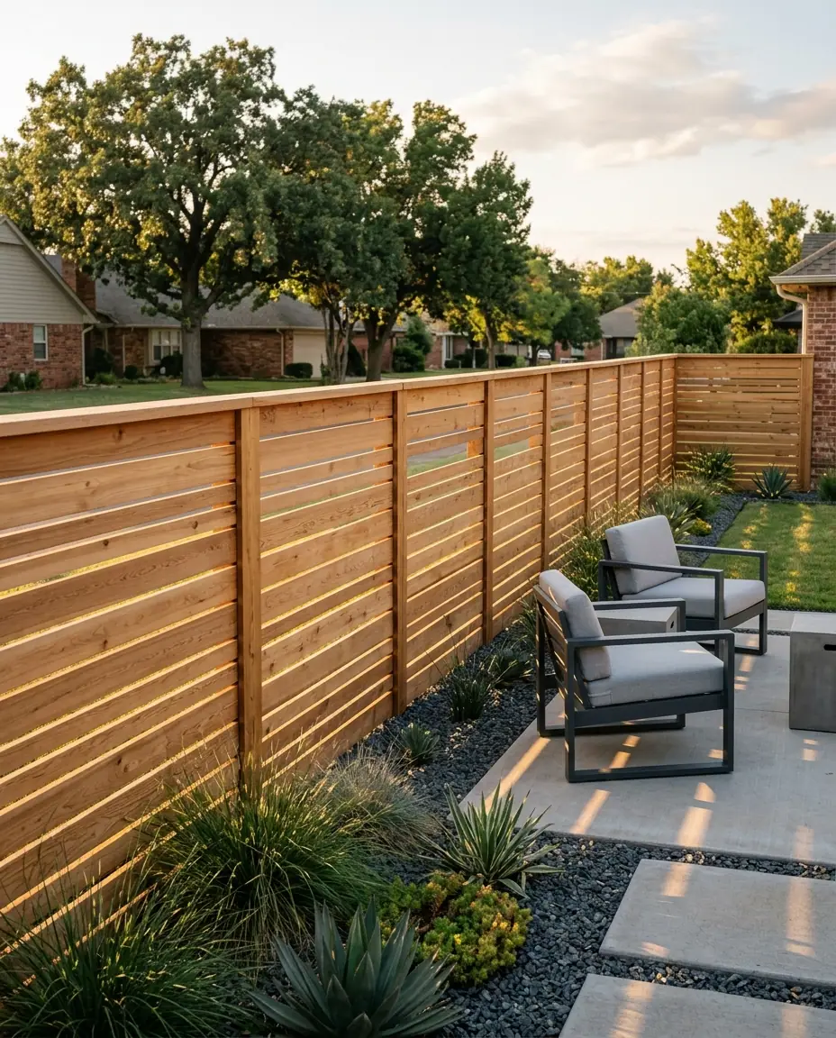 Modern horizontal cedar slat fence with narrow even gaps and a top cap around a backyard patio with gravel beds and grasses
