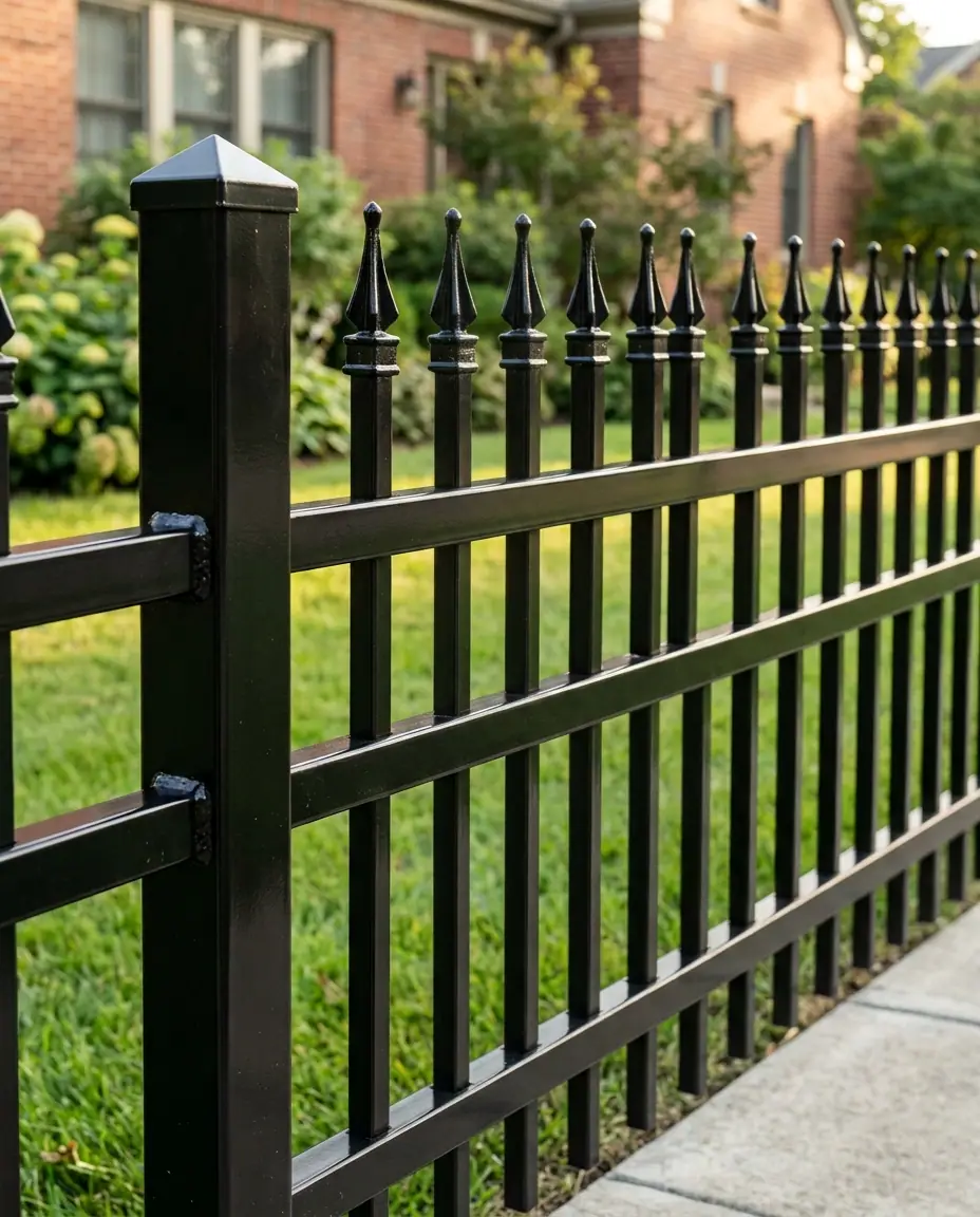 Close-up of a black powder-coated ornamental steel fence with spear-point finials, three rails and a square post with a pyramid cap
