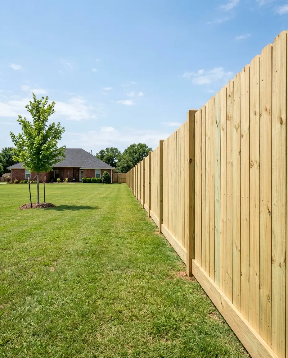 Long new pressure-treated pine privacy fence with dog-ear pickets and a kickboard along a large backyard lawn