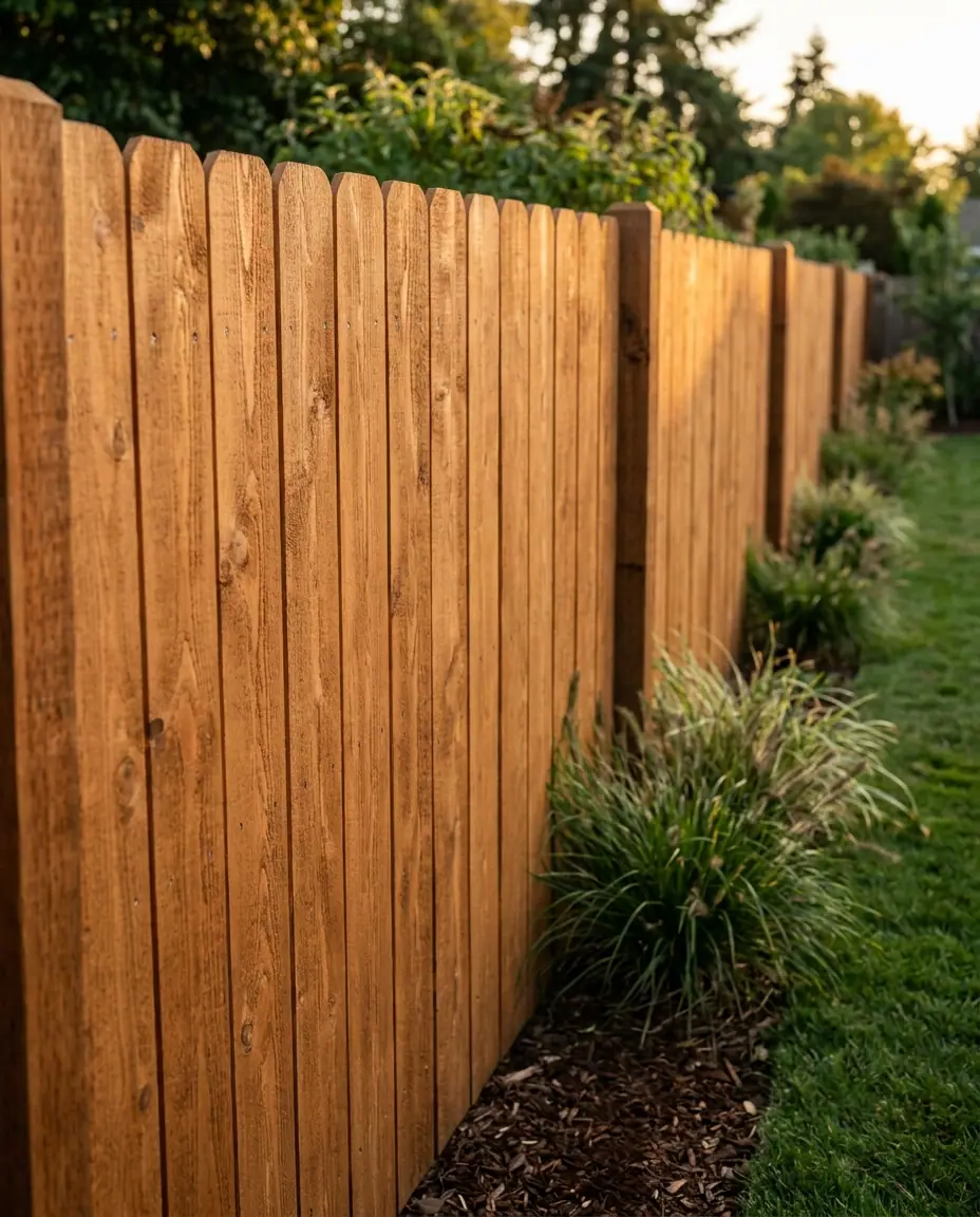Western red cedar privacy fence with dog-ear pickets and a semi-transparent stain beside a bed of ornamental grasses