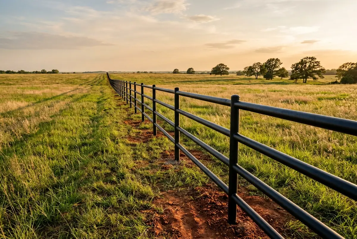 Black steel pipe ranch fence crossing a flat prairie pasture