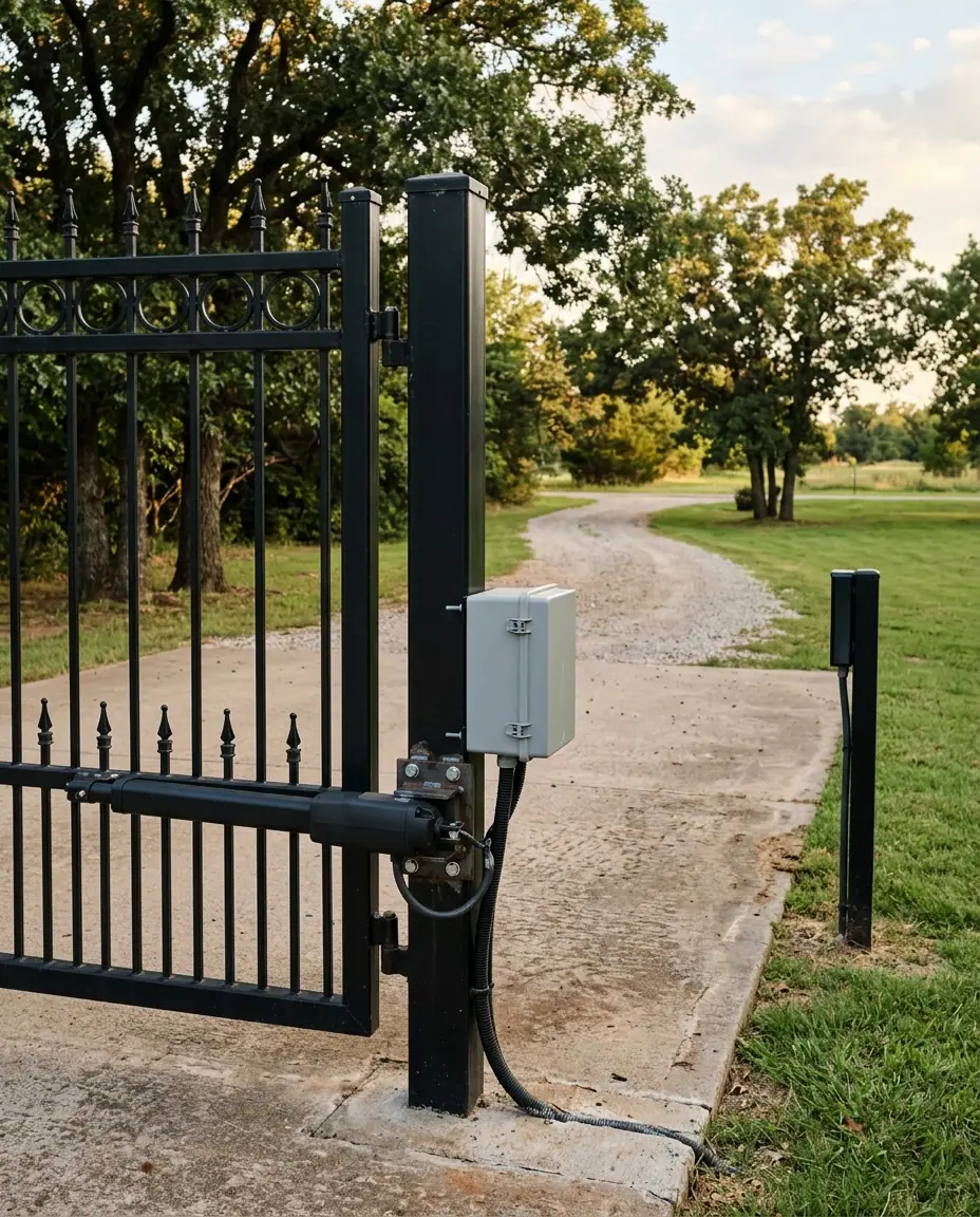 Black steel swing gate with an automatic opener arm mounted to the gate post, a control box and a photo-eye safety sensor post beside the driveway