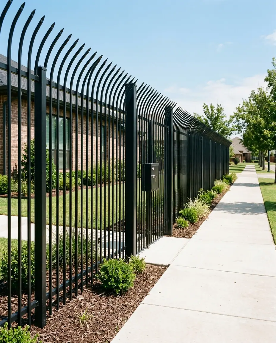 Tall black steel security fence with outward-curved spear tops and a pedestrian gate with a lock box along a sidewalk