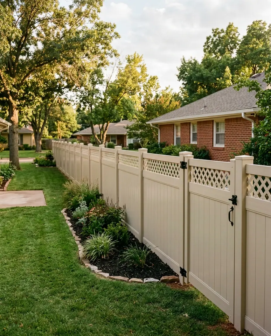 Tan vinyl privacy fence with a lattice top, capped square posts and a matching walk gate along a backyard flower bed