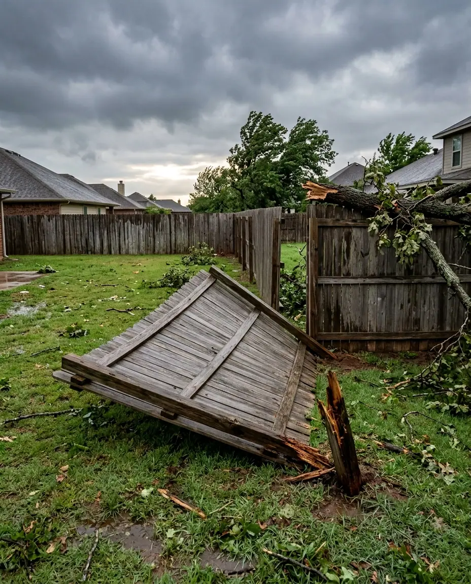Wood privacy fence section blown over after a windstorm, with a wood post snapped at the ground line and a fallen tree limb on the next section